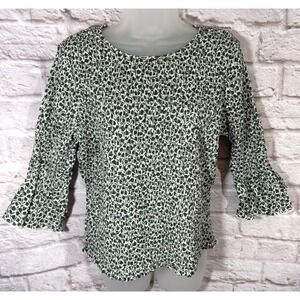 Ann Taylor 12 Green Floral Smocked Bodice Bell Sleeve Shirt Top Peasant Boho